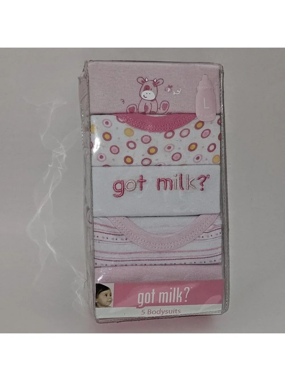 NEW 5 Got Milk Bodysuits 6-9 Months Baby Girl White Pink Cotton Gift Set Lot